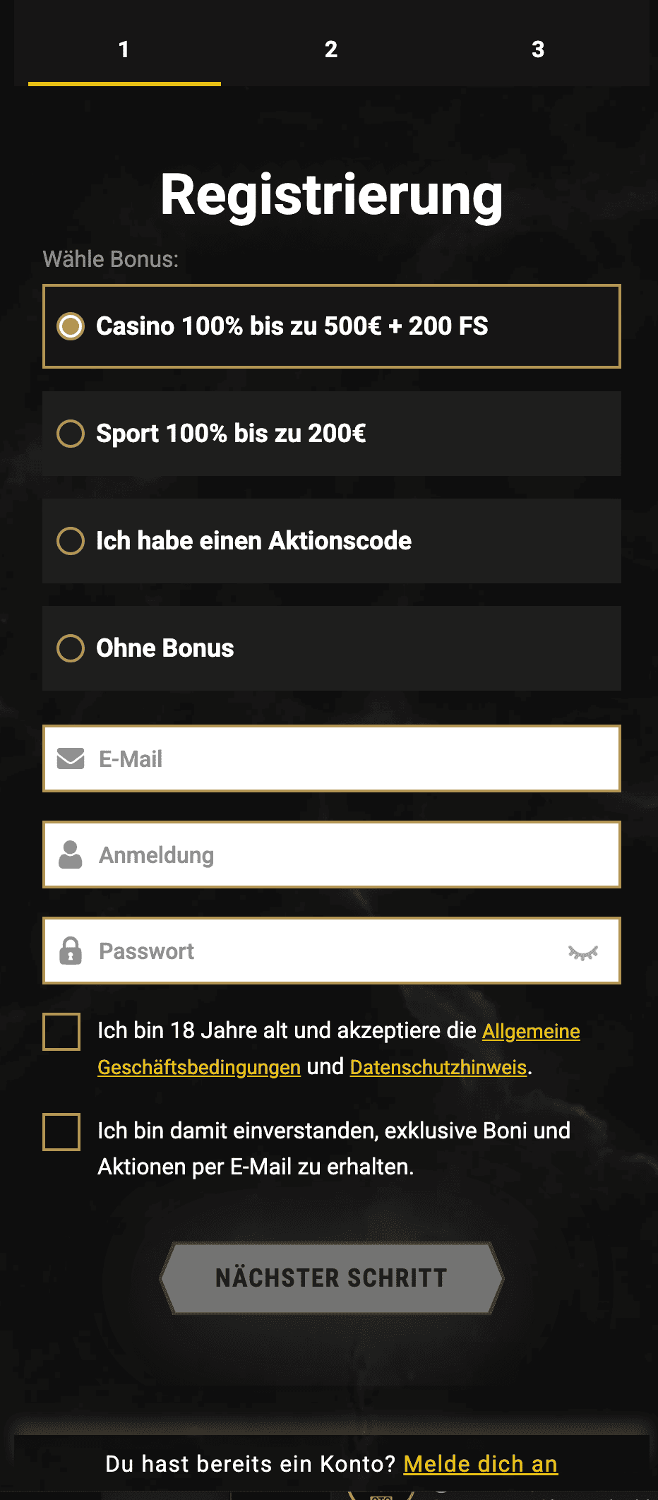 Casinoly Registrierungsformular